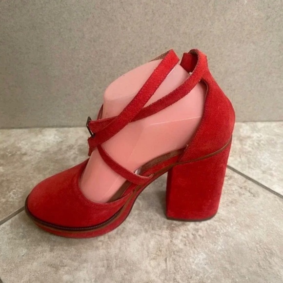 Free People 39(USA 9)Red Remi Double Ankle Strap Suede Block Platform Heel - Picture 3 of 10